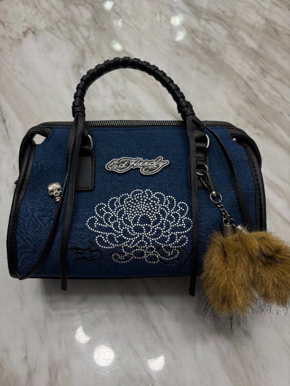 Viral Ed Hardy Denim Rhinestone Rose Satchel Fur Pom Charm NWT